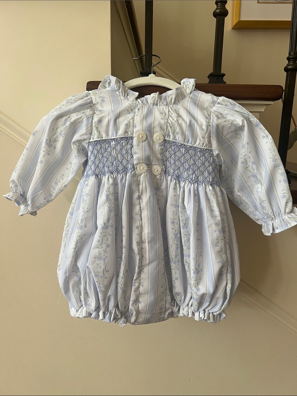 Cecil and Lou Blue Floral Smocked One-Piece Romper Bubble
